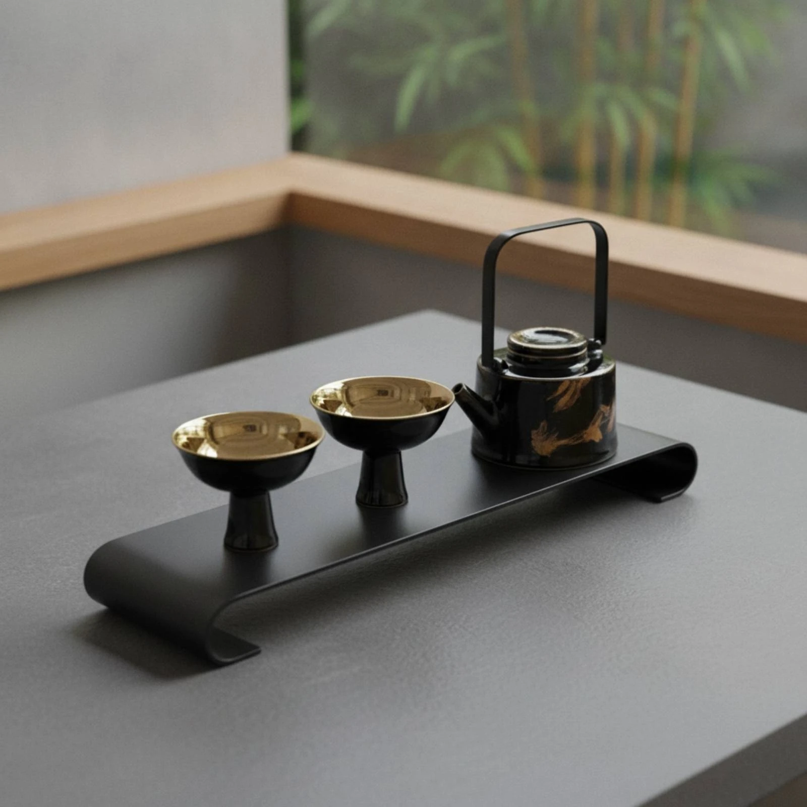 

Chinese Tea Set Glossy Finish Black Tea Set Tableware Brushstroke Accents