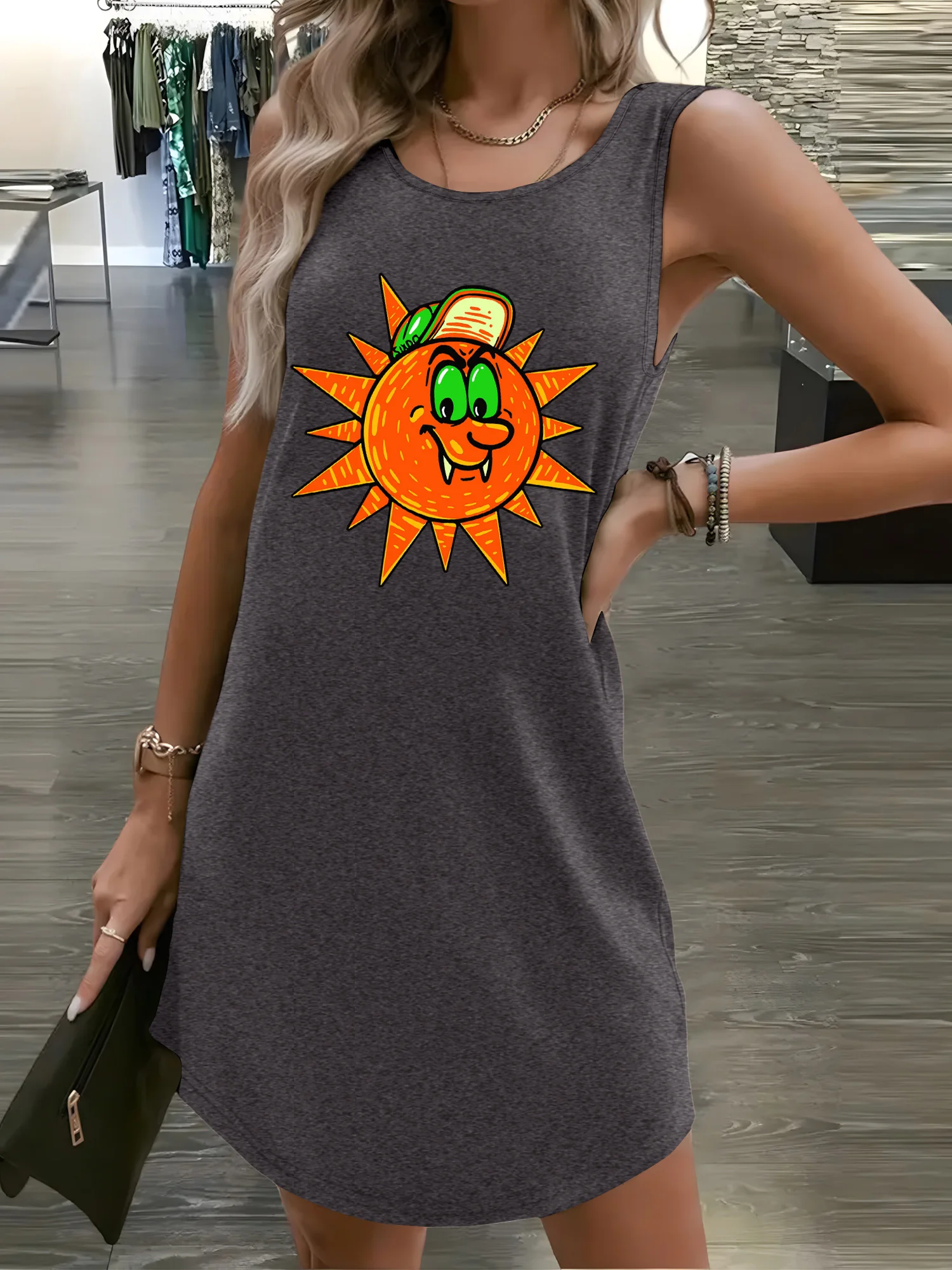 

Women's Casual Sleeveless Tank Dress, Cartoon Sun Print Crew Neck Mini Dress, Loose Fit Summer Tunic for Daily & Beach