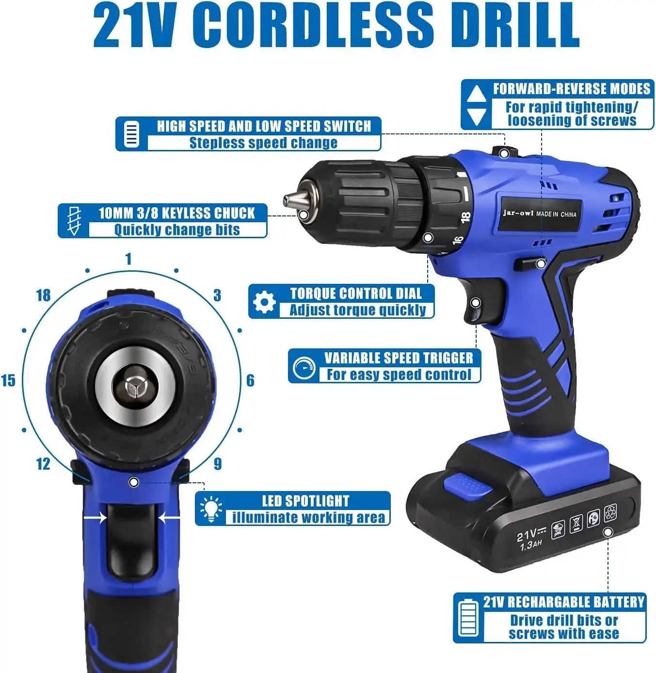 21V Tool Set with Drill, 350 in-lb Torque, 0-1350RMP Variable Speed, 10MM 3/8'' Keyless Chuck, 18+1 Clutch, 1.5Ah Li-Ion