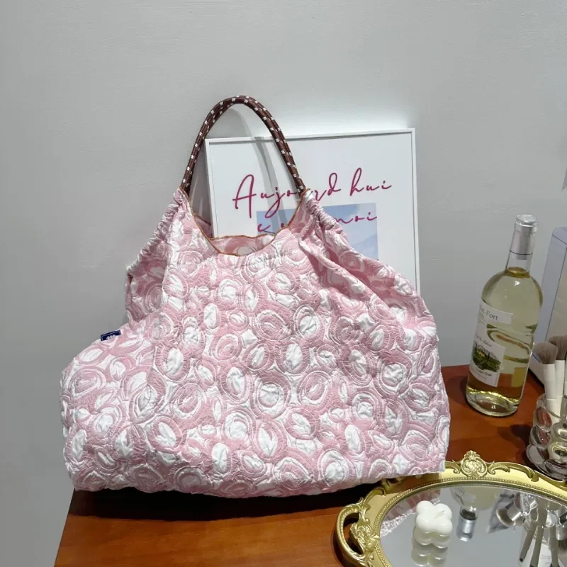 New Kawaii Ball Chain Thread Flower Canvas Bag Flower Series Girls Foldable Large Capacity Oxford Shoulder Embroidered Nylon Bag