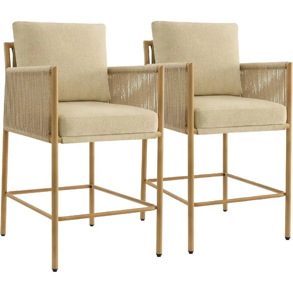 

Комплект из 2 барных стульев с мягкой обивкой, высотой для барной стойки, с подлокотниками из веревки, металлическим каркасом, отделкой под дерево, высота сиденья 26,4 дюйма