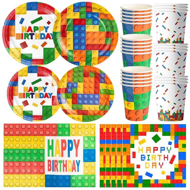 Conjunto de decoração para festa de aniversário com blocos de montar, pratos de papel, copos, toalha de mesa, pano de fundo, balões e suprimentos para festa infantil