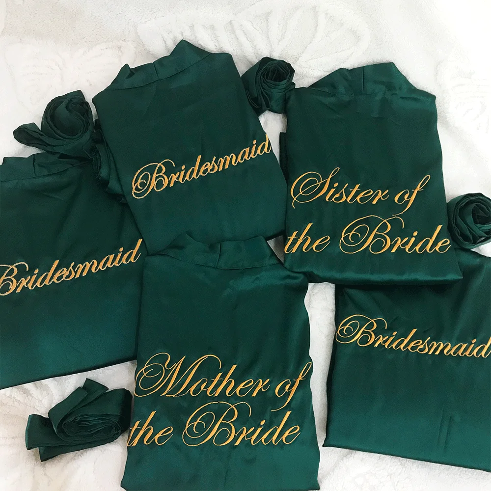 Embroidered Sister of the Bride Robe Mother of the Bride Kimonos Bridesmaid Embroidered Robes Jade Green with Gold Yellow Thread