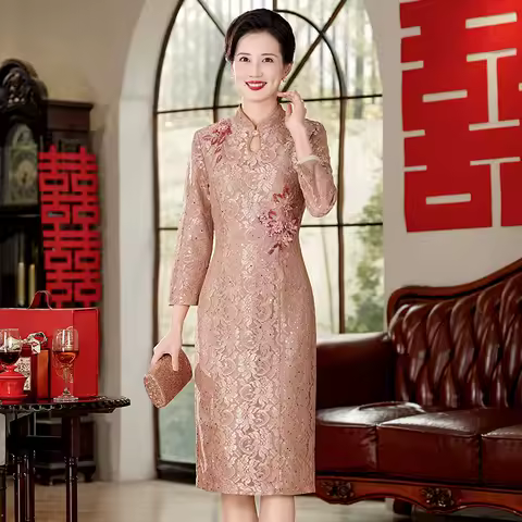 Yourqipao High-end Chinese Traditional Cheongsam Mother of The Bride Qipao Evening Dress Wedding Guest Prom Dress