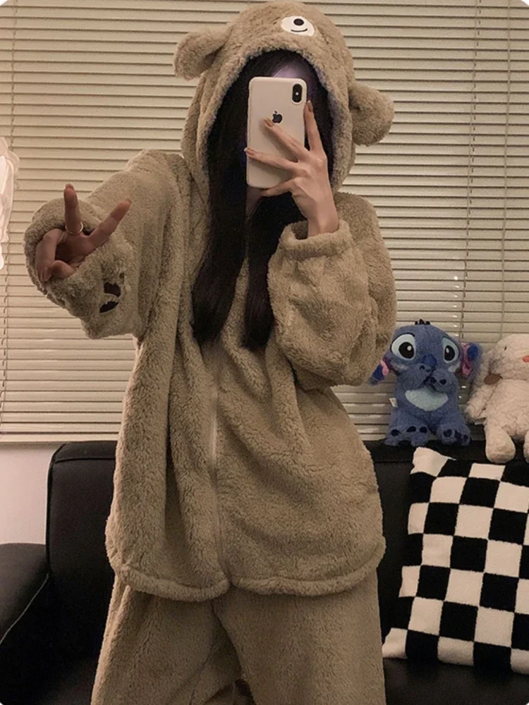 Winter Hooded Pajama Sets Women Warm Fluffy Sleepwear Comfortable Home Casual Plus Velvet Thicker Sweet Girls Lounge All-match