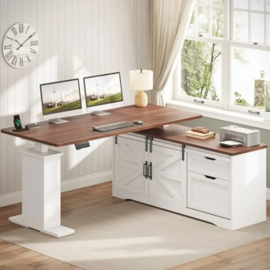 Farmhouse 55 inch L Shaped Standing Desk with Storage Drawers for home office, engineered wood, white, height-adjustable and sp
