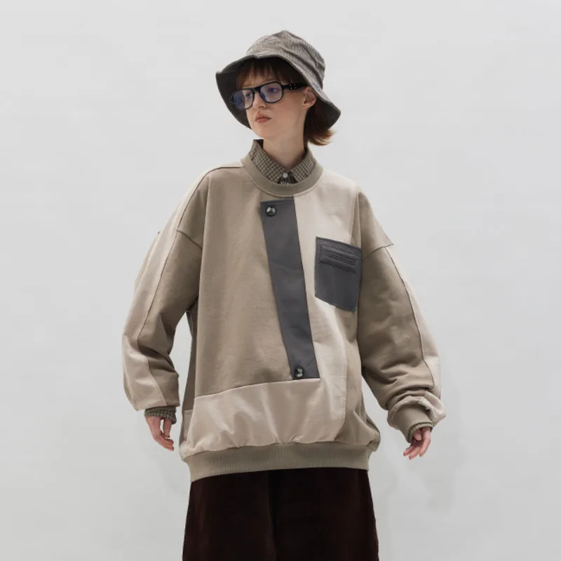HKSH Spring Autumn New Man Tide Niche Fake Pocket Button Oversized Patchwork O-Neck Casual Sweatshirt Fashion Pullovers HK13729