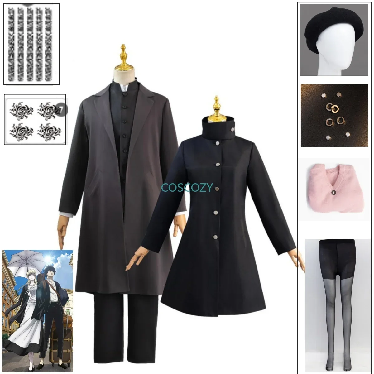 

CosplayAshaf Guideau Cosplay Costume New Anime Witch and The Beast Black Uniform Shirt Cap Stockings Tattoo Sticker Ear Clips Tr