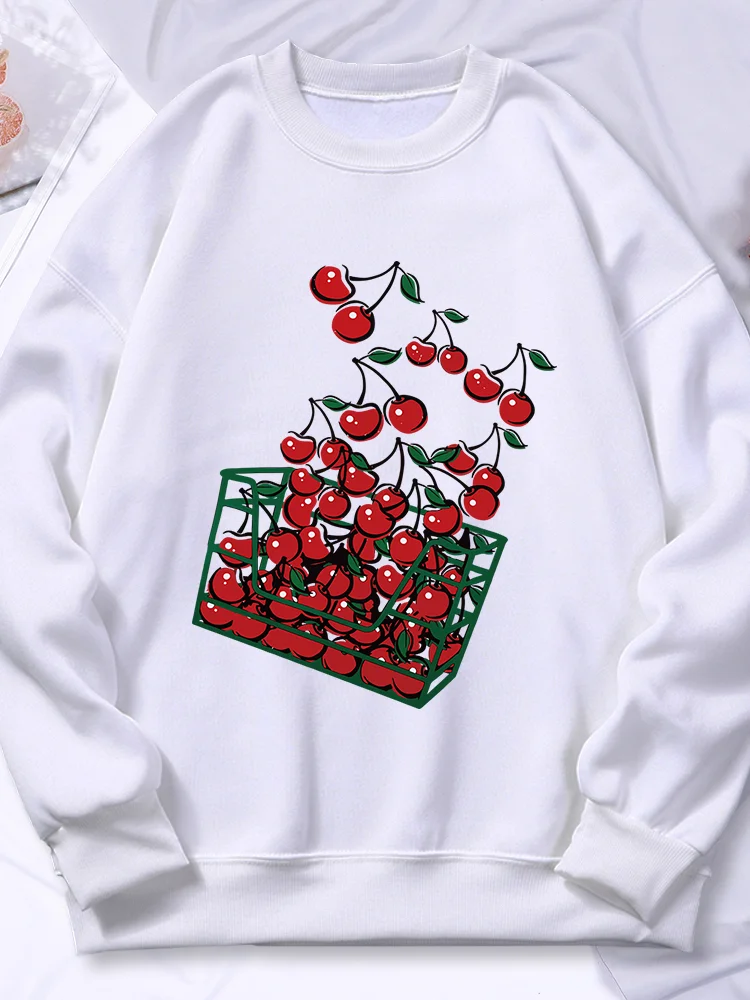 

A Basket Of Cherries Print Hoodie Woman Autumn Warm S-Xxl Hoody Fashion Versatile Round Neck Sweatshirt Street Casual Female Top