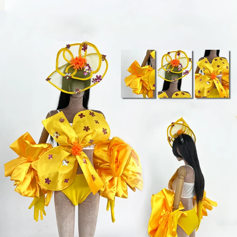 Bar Nightclub DS DJ Pole Dance Clothing Yellow Flower Festival Outfit Women Gogo Dancer Costume Stage Rave Clothes XS10013
