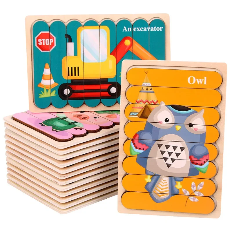 Cartoon Tier doppelseitige Streifen Holz Puzzles Kinder Montessori Jigsaw Spiel Baby Pädagogisches Spielzeug Aktivität Bord für Kinder