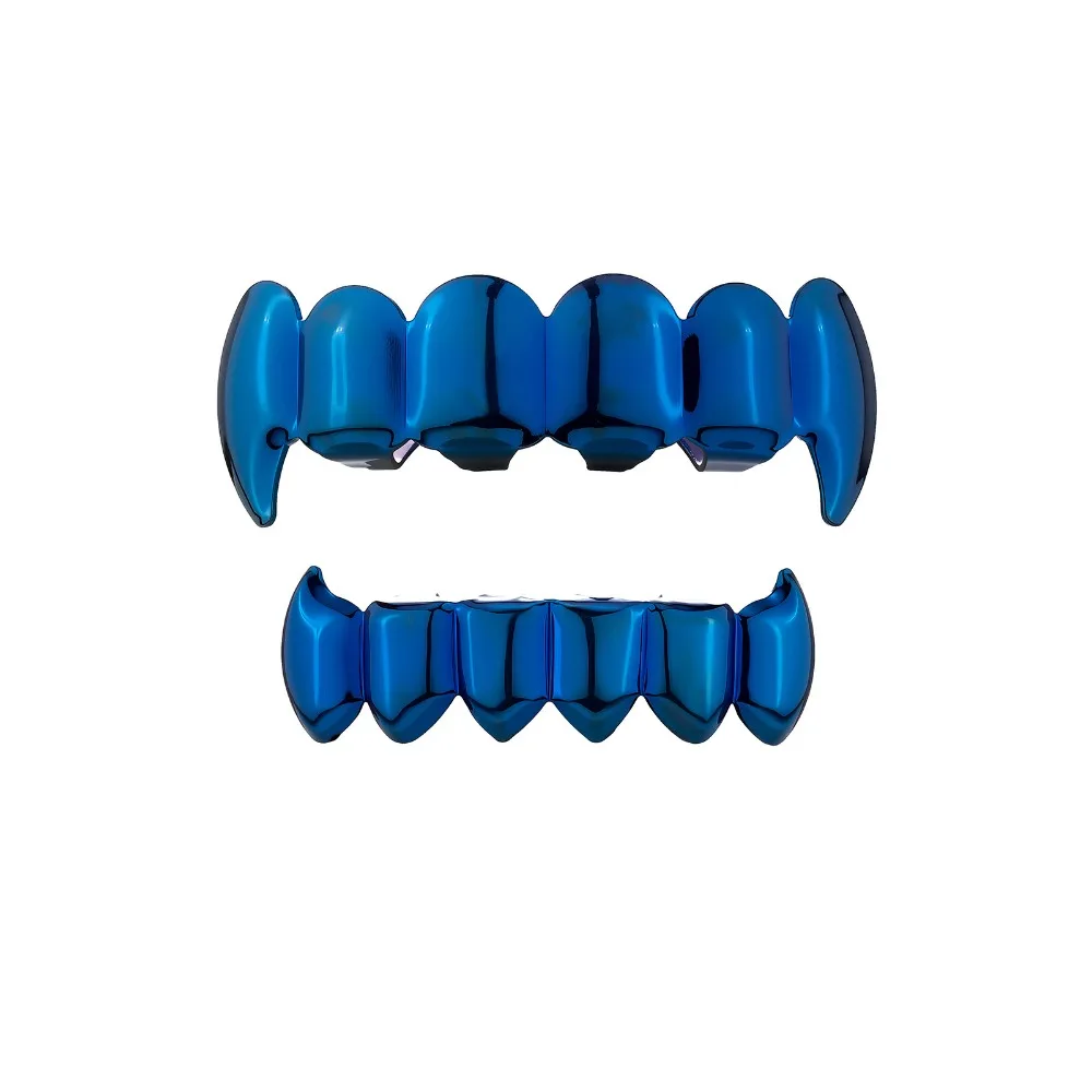 Blue Colorful Teeth Grillz Top Bottom Set Anti Slip Eco-friendly Copper Teeth Grillz Caps Shiny Glossy Finish Teeth Jewelry