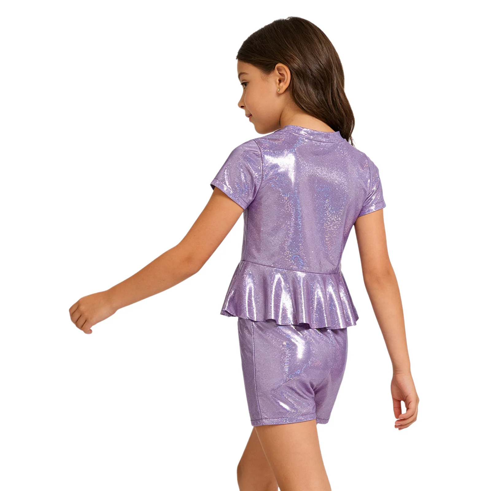 Kids Girls Metallic Shiny Modern Cheerleading Dance Outfit Short Sleeve Peplum Top with Elastic Waistband Shorts Performance Set