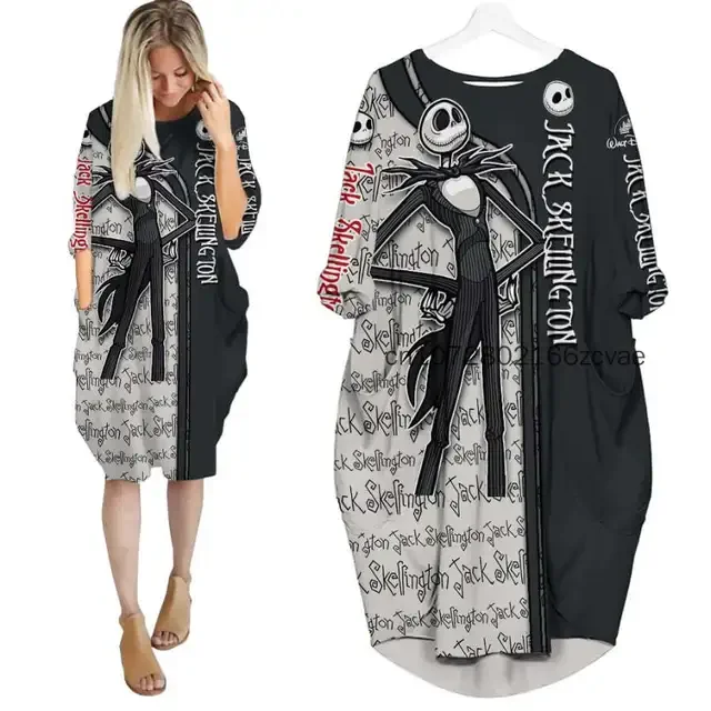 2025 Jack Skellington Women's Batwing Pocket Dress 3D Printed Disney Oversize Fashion Street Dress Long Sleeve Sleeping Dress