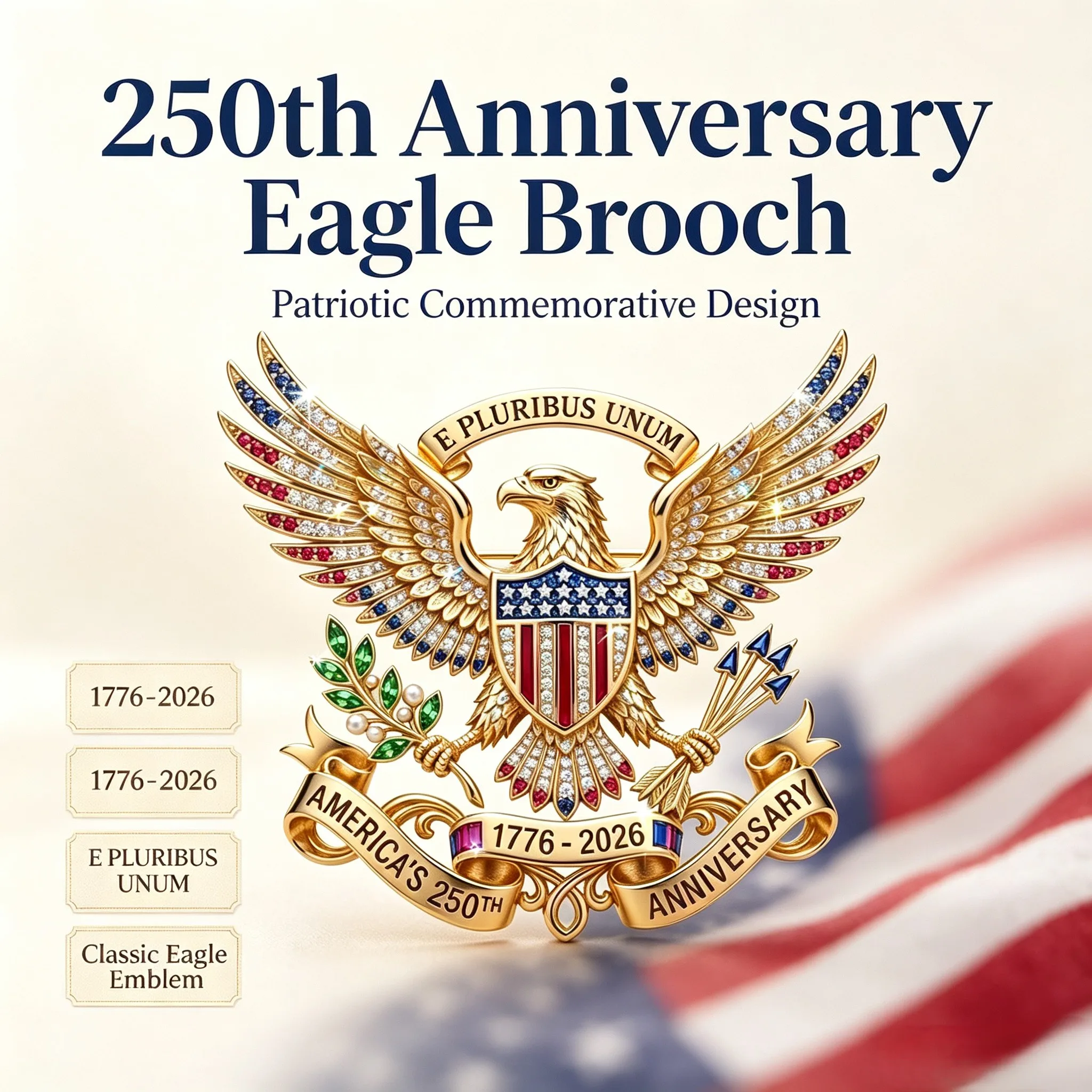 Vintage Eagle Rhinestone Brooch 1776-2026 America 250th Anniversary Patriotic Lapel Pin Zinc Alloy Suit Commemorative