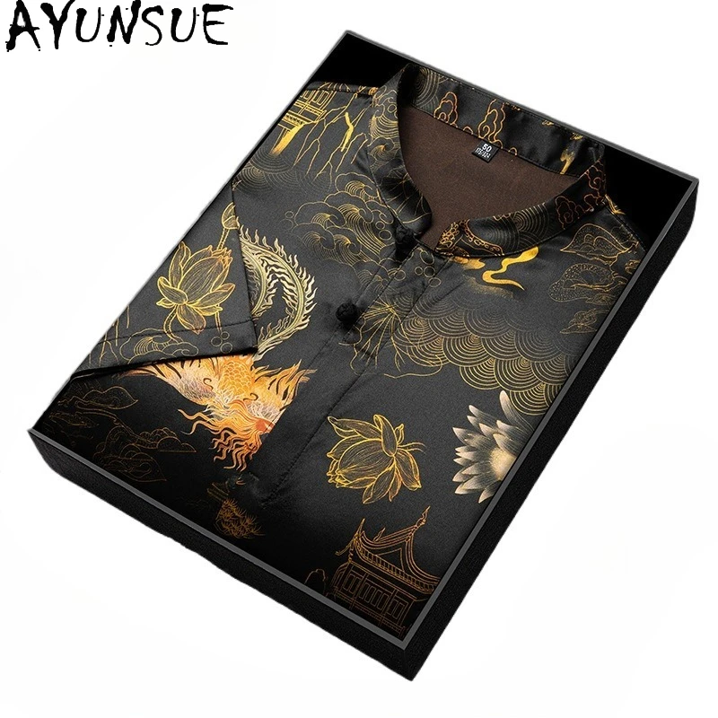 

AYUNSUE Новые модные рубашки из 90,8% натурального шелка тутового шелкопряда для мужчин, высококачественные летние рубашки с принтом и короткими рукавами, мужская одежда