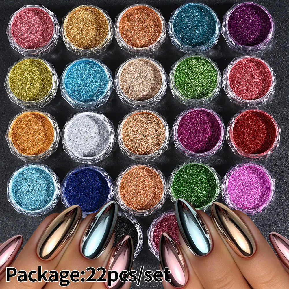 

22pcs/Set Rubbing Chrome Pigment Metallic Holographic Glitter Dust Magic Mirror Chrome Nail Powder Gel Polish DIY Nail Decors *&