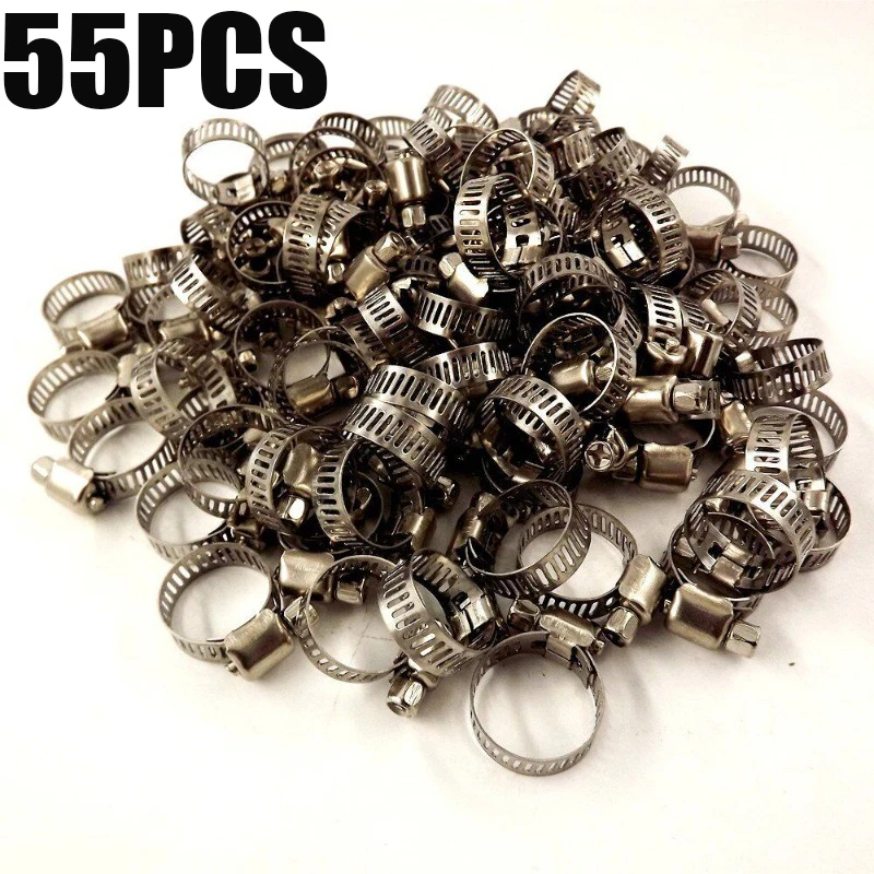 

55pcs 16mm to 25mm 304 Stainless Steel Adjustable Drive Hose Clamp Fuel Line Worm Size Clip Hoop Hose Clamp