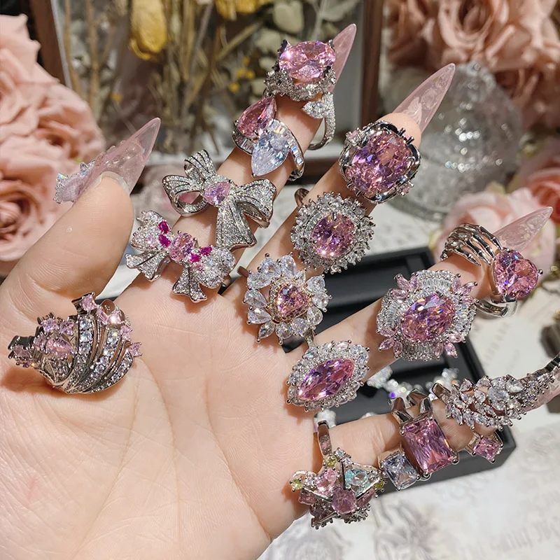 

New 18K Gold Plated Pink Zircon Ring, Sparkling Heart Adjustable Open Ring for Women Men, Cute Unisex Valentine Jewelry Gift