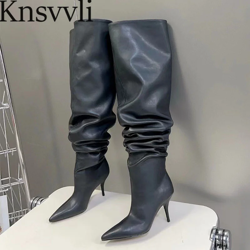 

New High Heels Over The Knee Boots Women Pleated Runway Shoes Pointed Toe Long Boots Black Thin Heels Thigh High Boots Woman