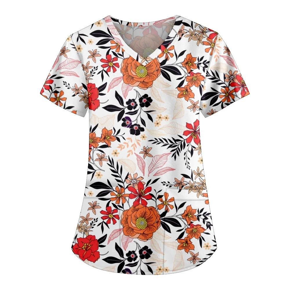 Fashionable 3DV Collar Printed Series Healthcare Worker Uniform Silks Short Sleeve Decorative T-shirt Surgical Uniforms Woman