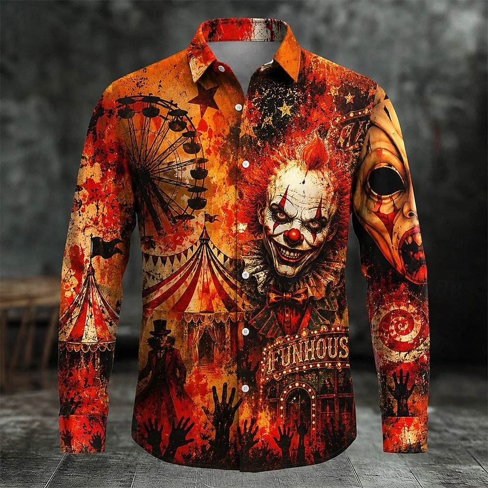 Halloween Men's Creepy Clown Casual Shirt Long Sleeve Horror Dark Casual Streetwear Party Graphic Long Sleeved shirt Cosplay Top