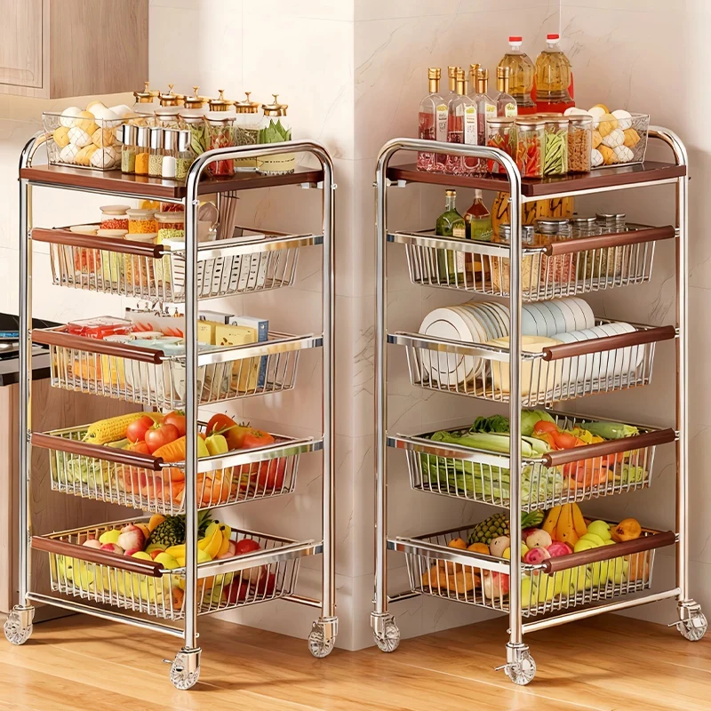 custom.Direct Metallic Wood Top Stainless Steel Double-Sided 4-Shelf Rolling Utility Cart Display Rack Multi-layer