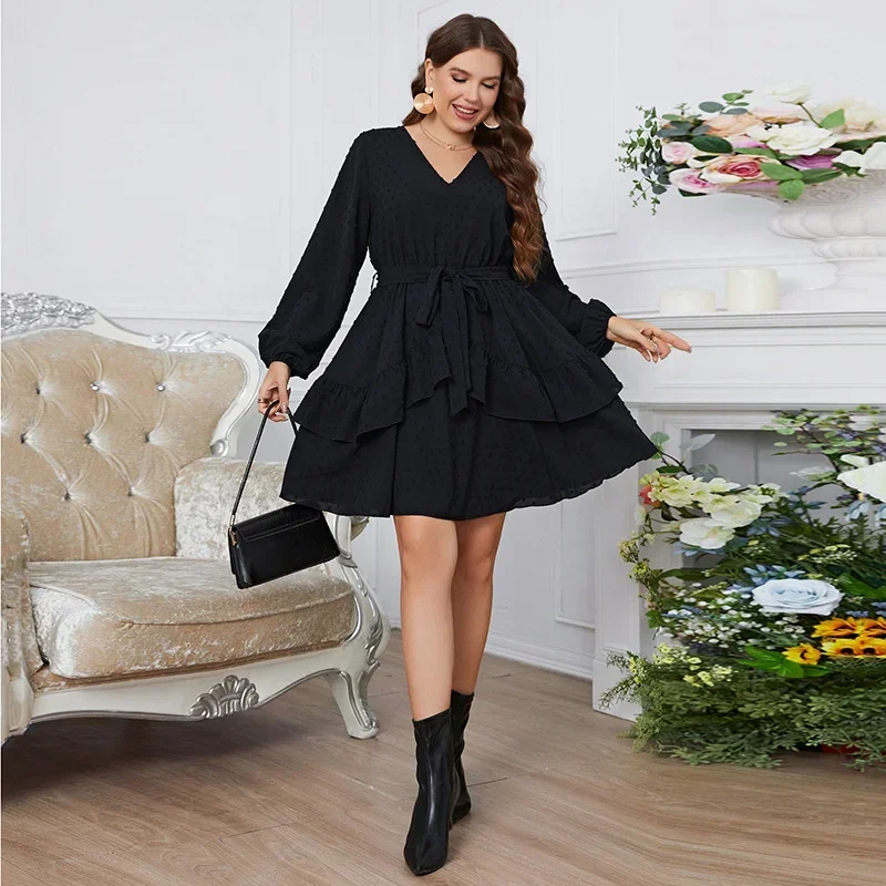 

3XL Oversized Elegant Dresses For Women Black V Neck Belted Lantern Sleeve Ladies Ruffle Vintage Clothes Y2k Evening Party Dress