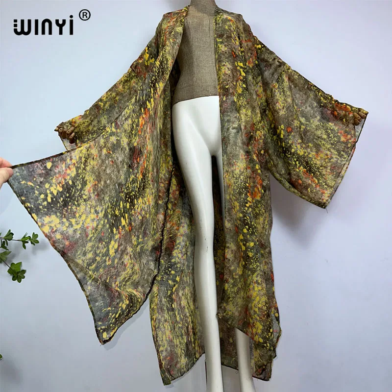 WINYI kimono beach summer abstract print Bikini Cover-up Perspective Sexy Cardigan Holiday long Sleeve cotton feeling maxi dress