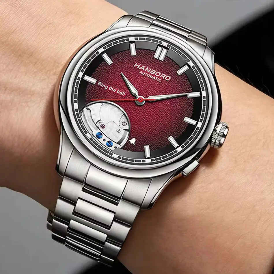 HANBORO Men Automatic Watch Fashion Alarm Mechanical Wristwatch Waterproof Sapphire Mirror Luminous Ring The Bell Miyota 9015