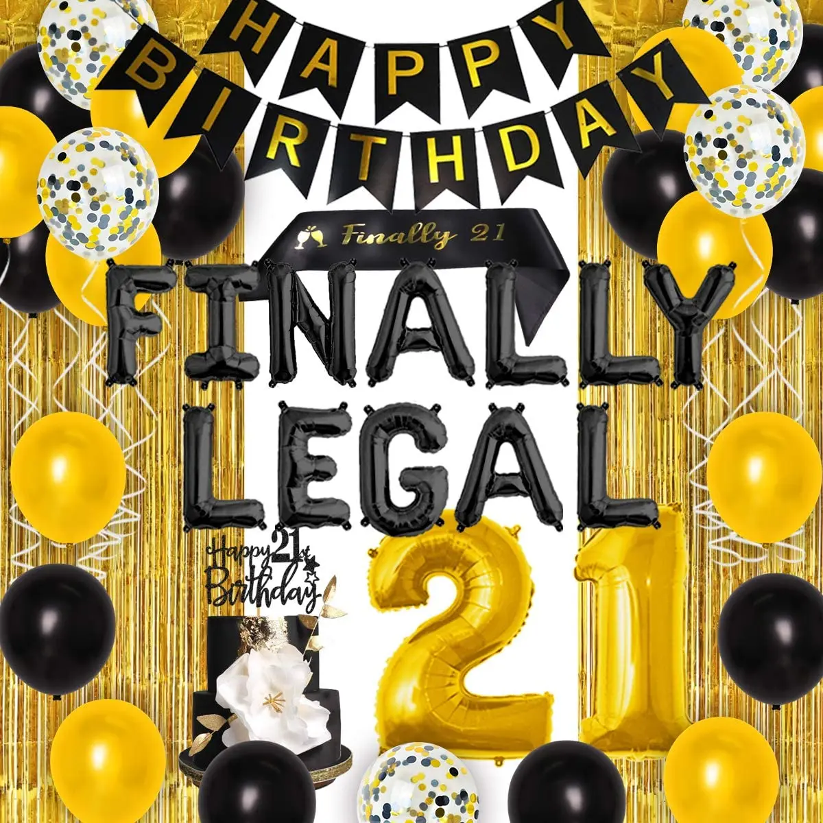 

Meuparty Finally Legal 21st Birthday Decorations Black Gold Balloons Happy 21st Birthday Banner Tinsel Curtain for Men or Women