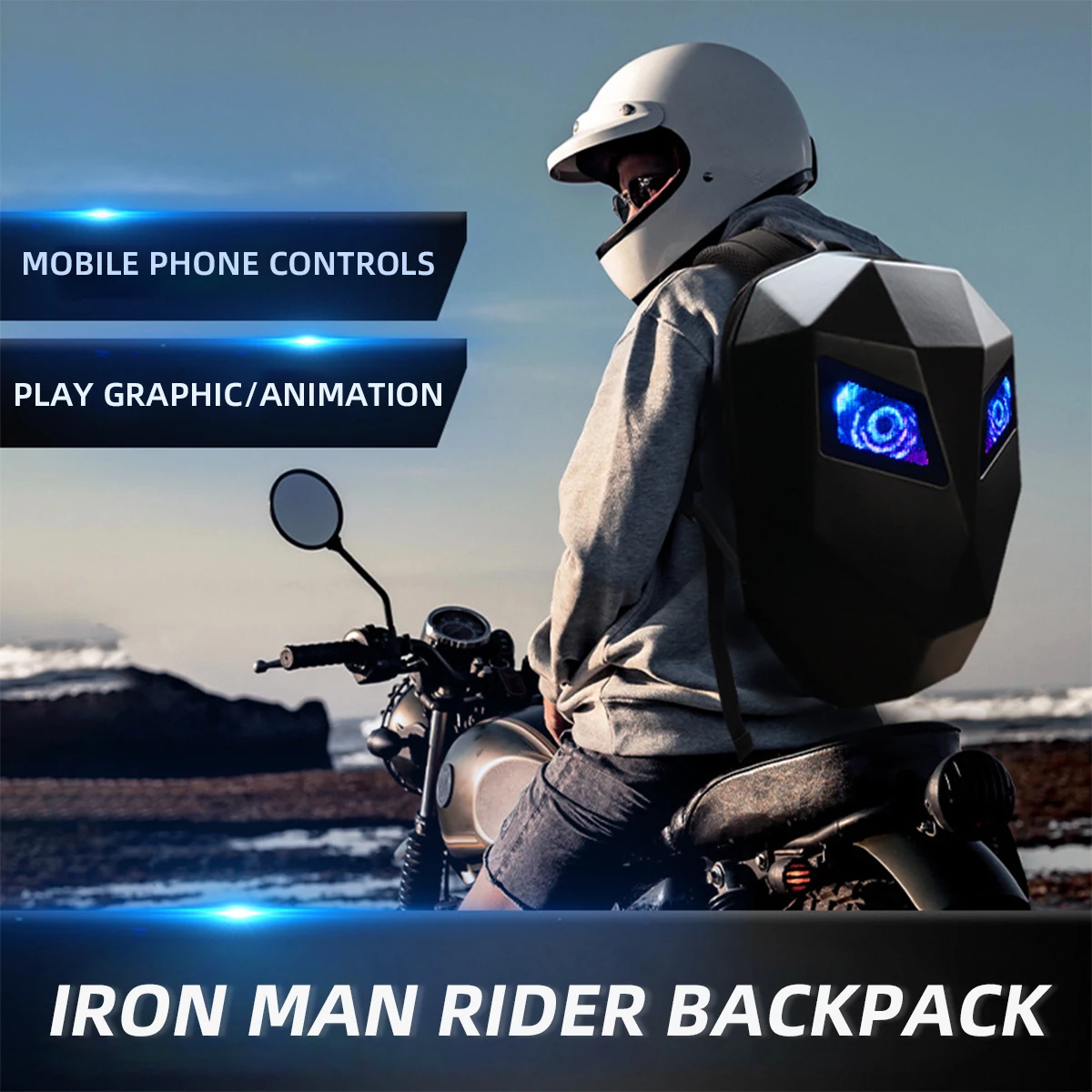 Led Riding Backpack Motorcycle LED Eyes Display Helmet Backpack Waterproof Hard Shell Personality Cycling Bag ATV UTV Accessory