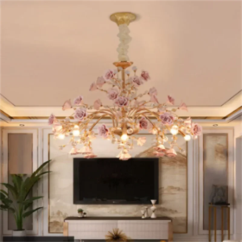 Bedroom Light Luxury Crystal Chandelier European Style Branch Peach Powder Ceramic Lantern Court Rose Decorative Lamp