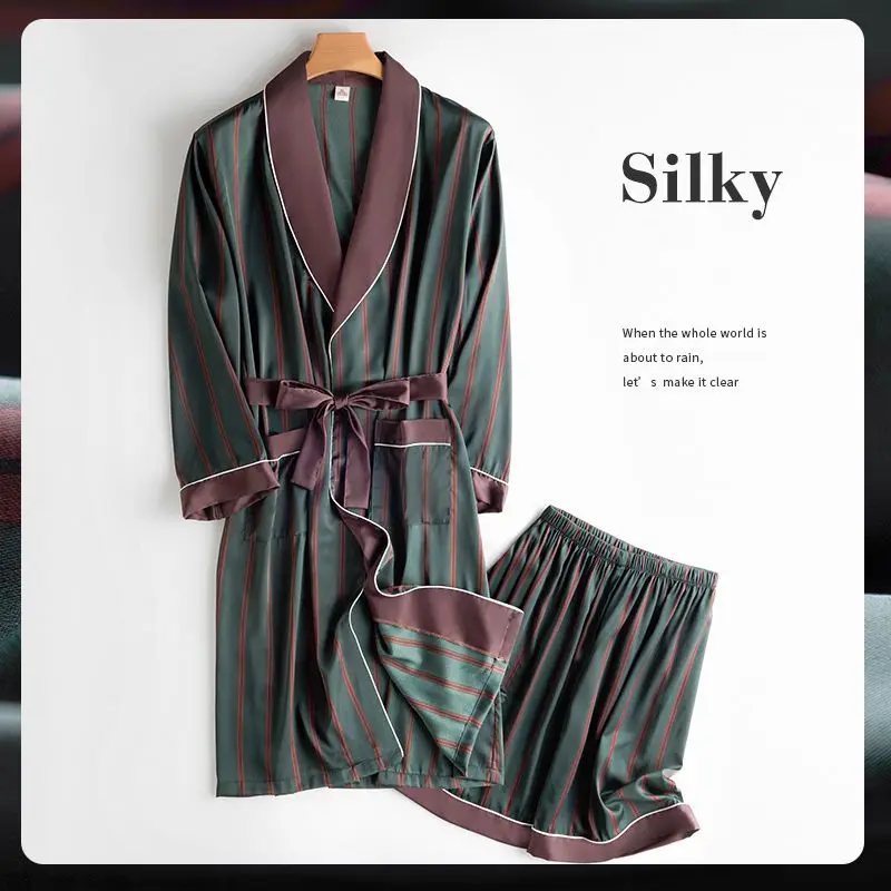 Men's Spring and Autumn Ice Silk Nightgown Men's Pajama Suit Men's Summer Japanese Thin High-end Silk Long Bathrobe Bathrobe