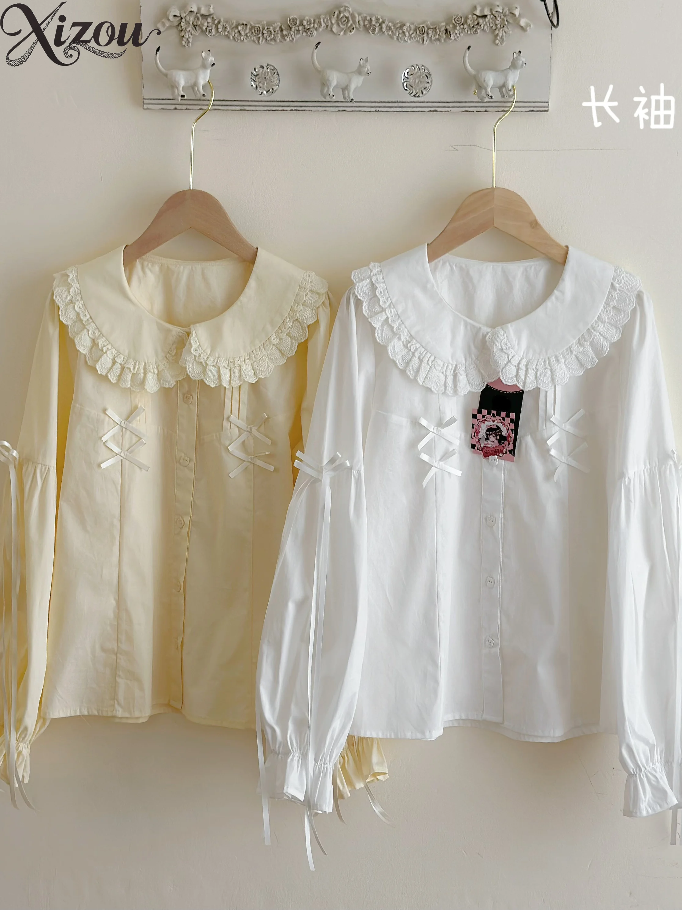 

Spring Autumn Long-sleeved Top Pure Cotton Original Women's Inner Shirt Female Lantern Sleeve Cute Lolita Tops Camisas De Mujer