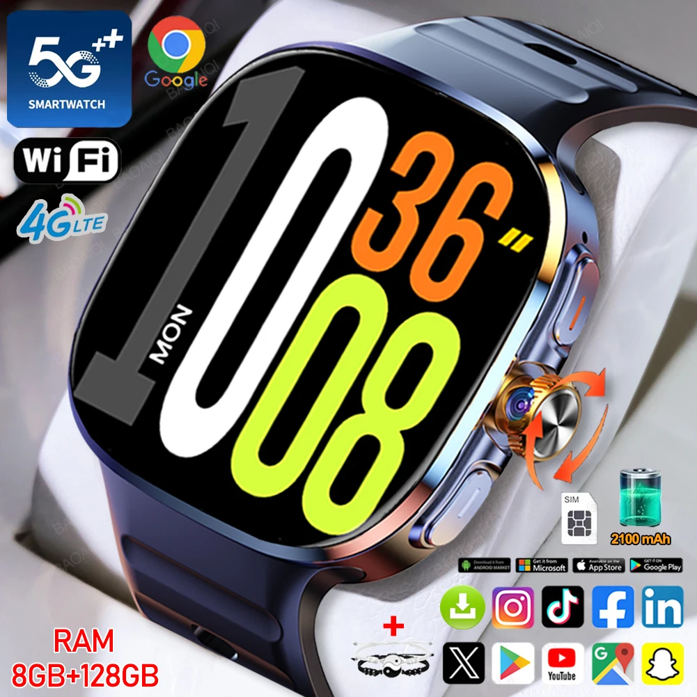 5G/4G Full Network Smart Watch 2.4 pollici 720*720 Schermo Videochiamata 8GB + 128GB di RAM 2100mAh Google Play WIFI GPS Sim Card Smartwatch