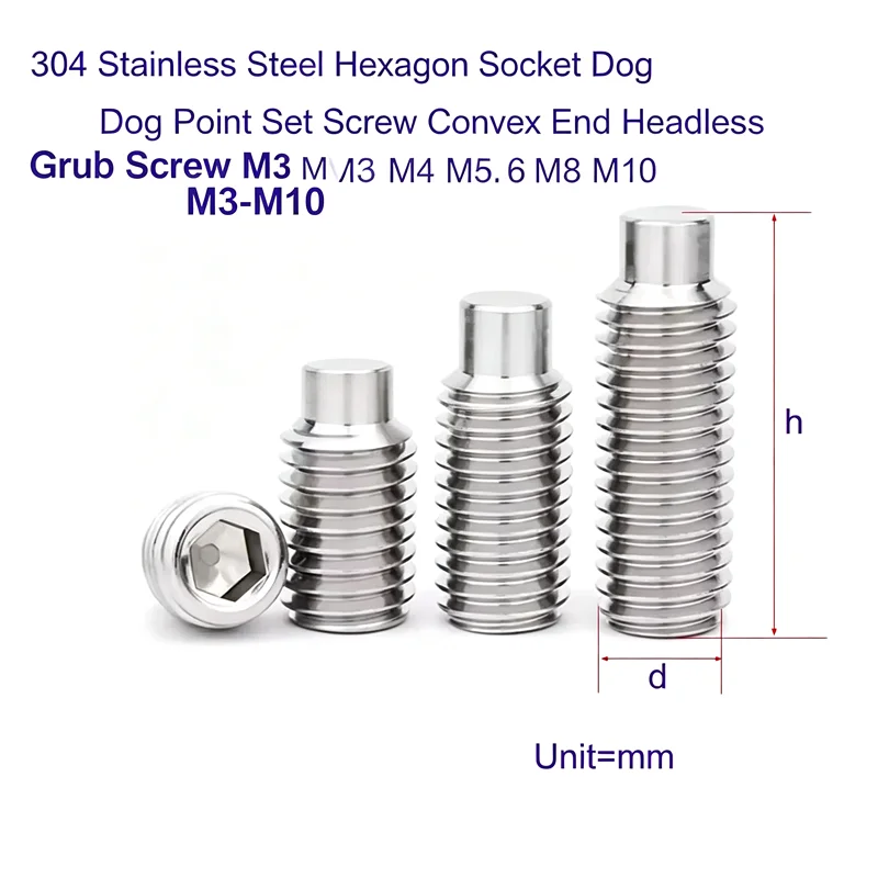 304 Stainless Steel Hexagon Socket Dog Point Set Screw Convex End Headless Grub Screw M3 M4 M5 M6 M8 M10