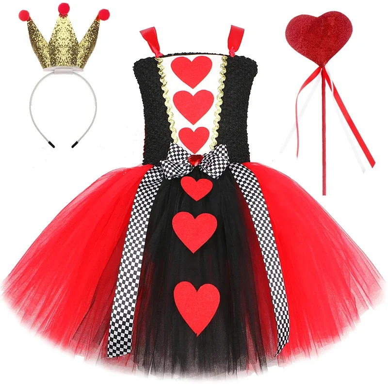 HN8 Red Queen of Hearts Costumes for Girls Alice Fancy Lined Tutu Dress Kids Halloween Christmas Party Outfit with Crown Mag)4Dc