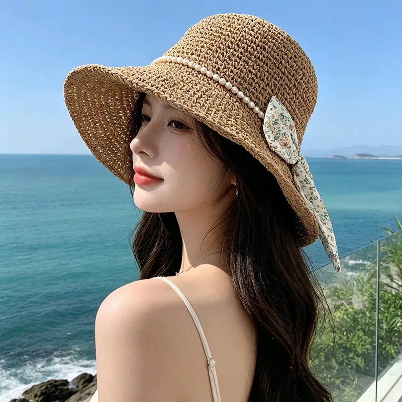 Pearl-Embellished Floral Bow Straw Hat: Casual, Vacation-Ready, Fashionable Beach Hat—New Summer Sun Hat