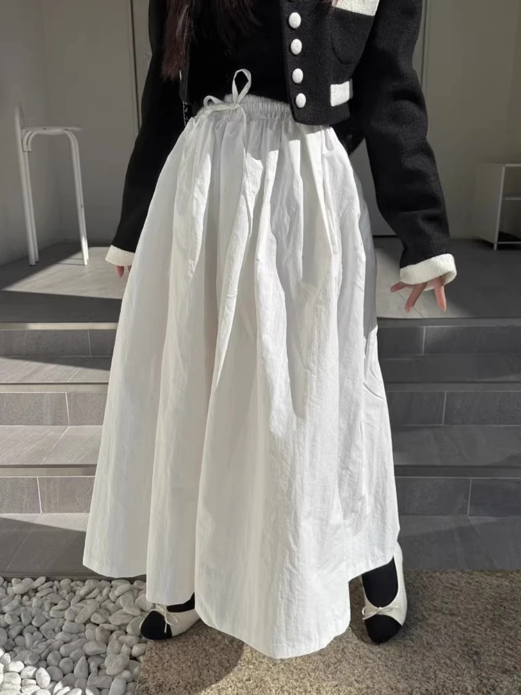 

SuperAen 2024 Korean Chic Spring New Style Simple Lace Up High Waist A-line Umbrella Skirt Solid Color Long Skirt