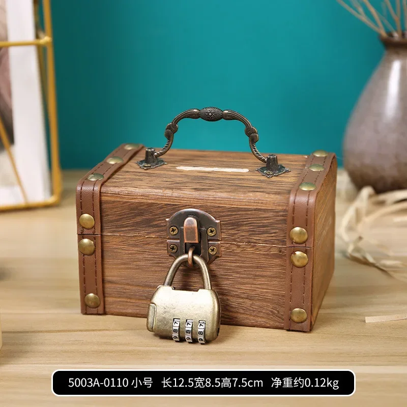 Small Boy Money Box Deposit Box Deposit Box Piggy Bank Key Code Lock Key with Kids Wooden Savings