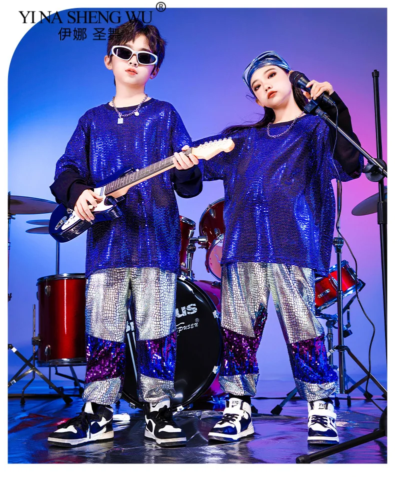 Childrens Hip Hop Dance Outfits Boys Girls Street Performance Costume Cool Stage Wear Sparkle Sequin New Year Party Clothing