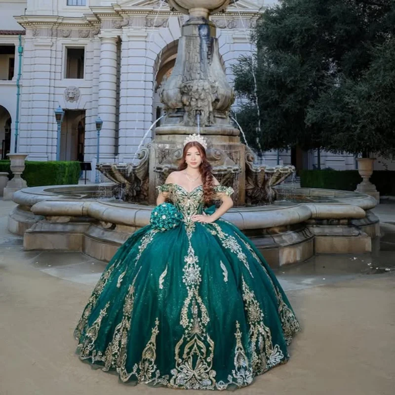 Aangepaste donkergroene Quinceanera Jurken Uit de Schouder pailletten sticker kristal Kant Grote Boog Lange staart Vestido 15 Quinceanera