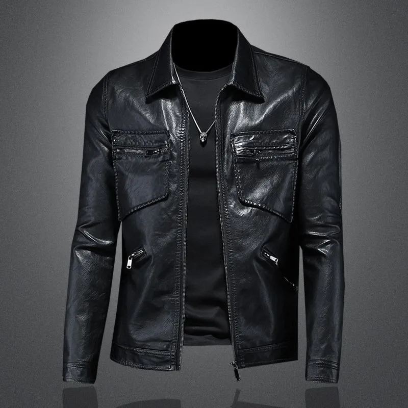 Europe America Spring Autumn Lapel Leather Jacket Men's Motorcycle Knight Handsome Pie Overcomes Youth Slim Leather Jacket Tide