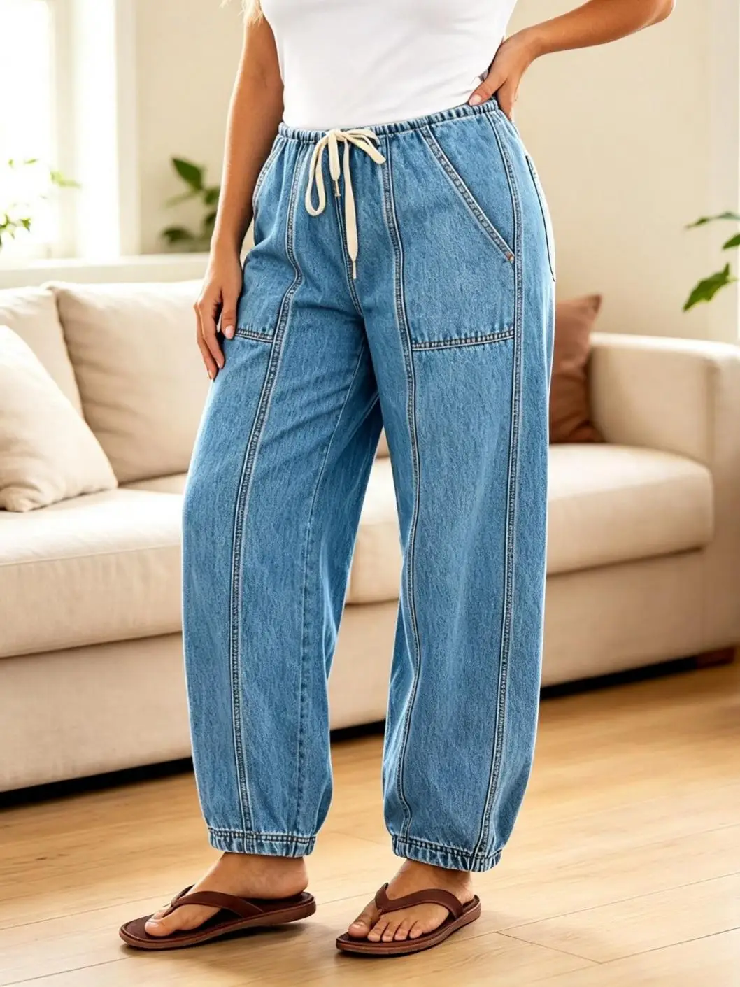 【HME】Jeans | Baggy Barrel‑Leg Denim Pants For Ladies, Elastic Drawstring Waist Denim Jeans, Full‑Length Contrast Stitching & Functional Patch Pockets, Vintage Light Wash Loose‑Fit Pants For Casual Street Looks