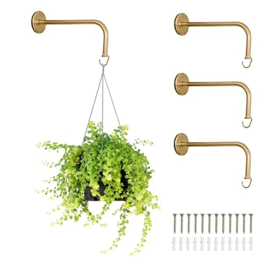 

4 Pack Metal Plant Wall Hanger Hooks - 7 in. Hook for Hanging, Baskets, and Macrame, Indoor Hangers in Rustic Brass Finish, Wal