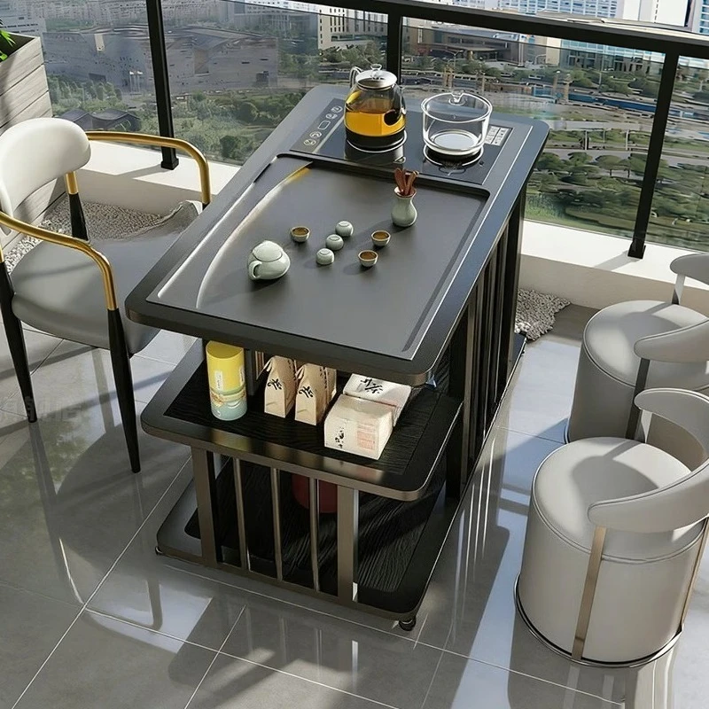 

cart balcony kung fu tea table table and chair set kettle integrated table, tea cart + 1 main chair 2 backrest stool