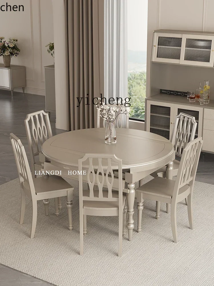 y8-   American-style Solid Wood Dining Table and Chair Set, Extendable and Foldable Round Table, Modern Living Room Table