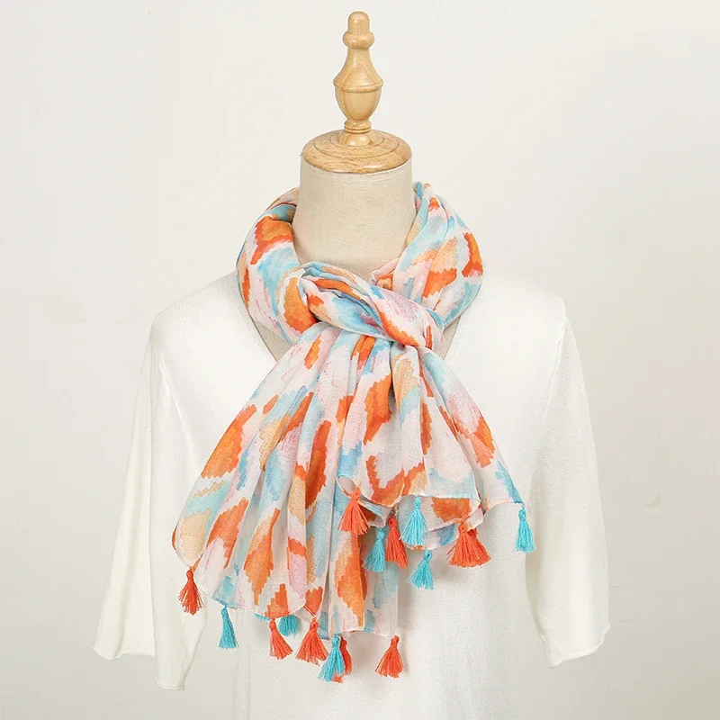 Szal damski marki projektanckiej 2024, klasyczny wzór, miękkie szale damskie z bawełny, duże hidżaby, opaska na szyję i głowę, szal z frędzlami.