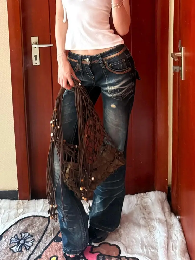 Deeptown Y2k Vintage mujer desgastado Jeans Harajuku rasgado cintura baja estilo americano lavado pantalones vaqueros rectos Slim Gyaru